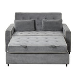 Upholstered Loveseat with Pull Out Sofa, Two Throw Pillows, Dual USB Charging Port And Adjustable Backrest - Gray