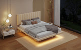 Queen Size Upholstered Floating Bed with LED Light and USB Port - Velvet Beige