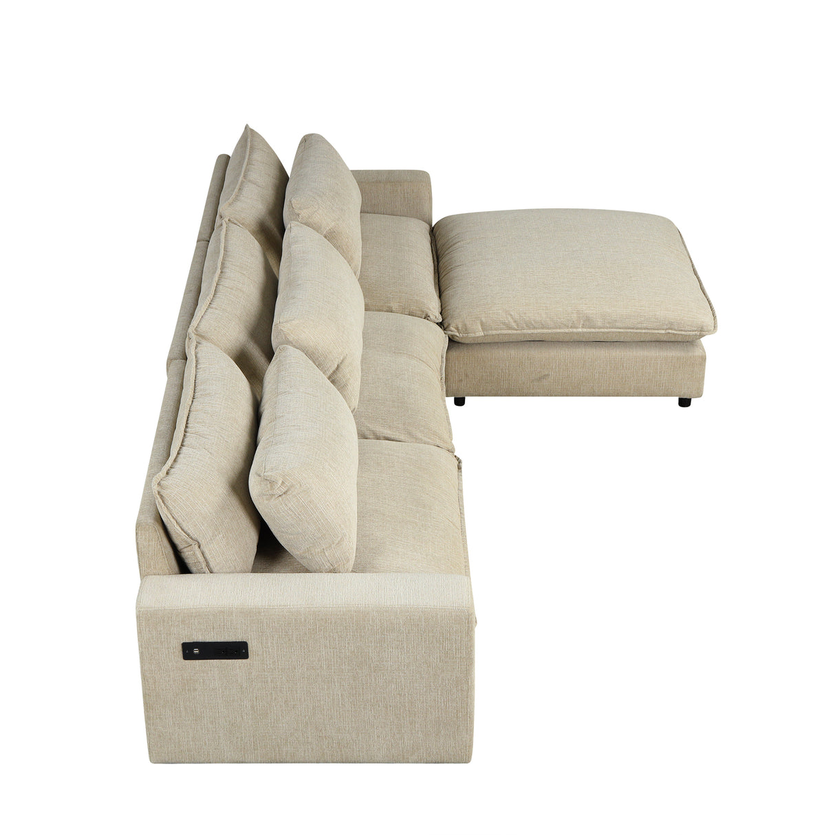 128" Chenille Cloud Sofa with Ottoman, Charging Ports and Three Back Pillows, Beige