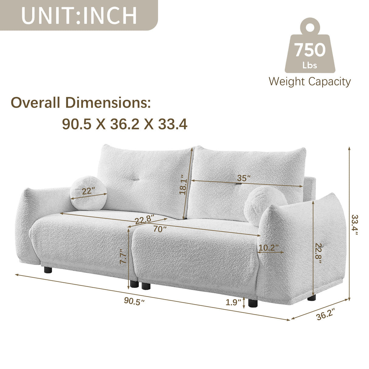 2 Piece Living Room Set with Four Pillows - Off White