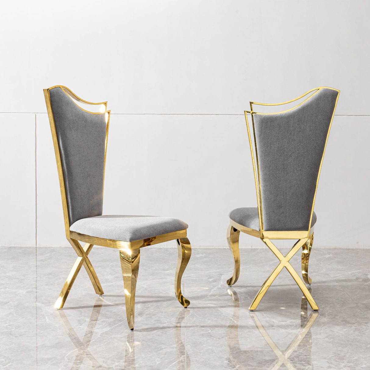 High Back Fabric Stainless Steel Dining Chair (Set of 2) - Gold / Gray