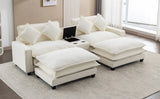 112.6" Chenille Upholstered Sofa with Two Ottomans, Two USB Ports, Two Cup Holders and Large Storage Box - Beige