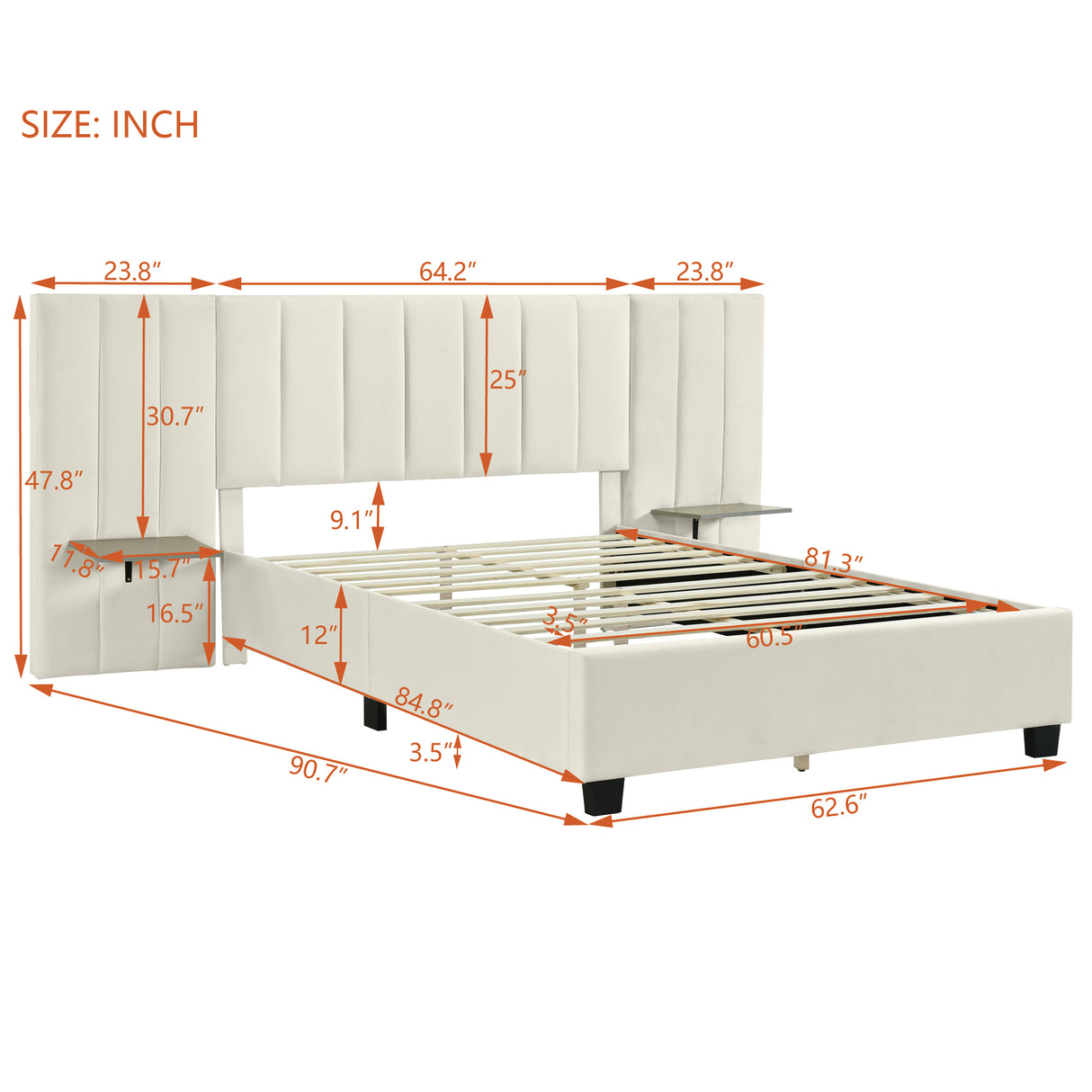 Queen Size Upholstered Platform Bed with Tall Headboard, Beige