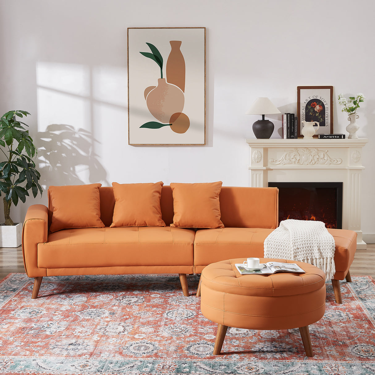 107" Contemporary Sofa with a Round Storage Ottoman and Three Removable Pillows - Orange