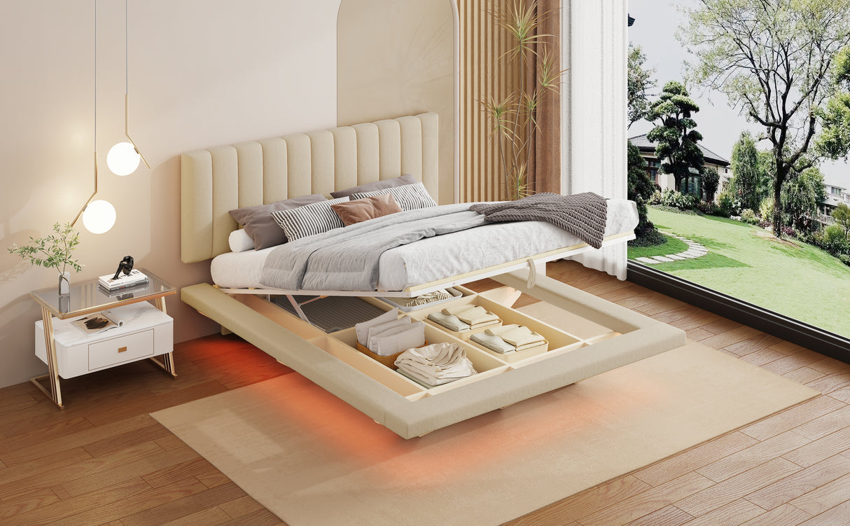 Queen Size Upholstered Floating Bed with LED Light and USB Port - Velvet Beige