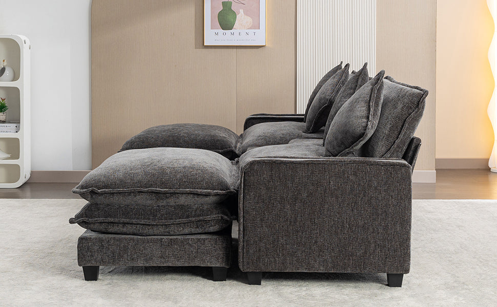 112.6" Chenille Upholstered Sofa with Two Ottomans, Two USB Ports, Two Cup Holders and Large Storage Box -Dark Gray