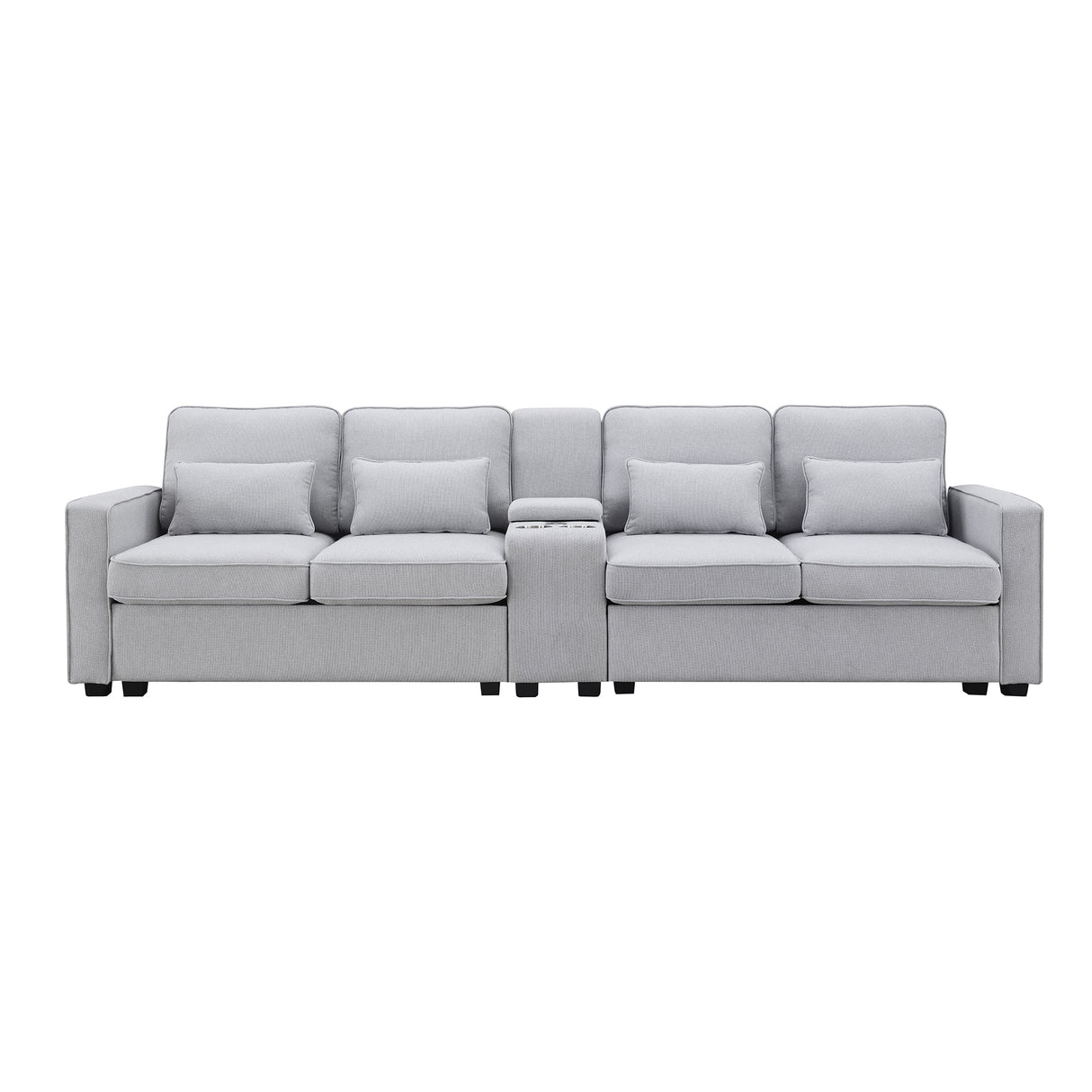 114.2" Upholstered Sofa with Console, 2 Cupholders, 2 USB Ports for Wired or Wireless Charge with 4 Pillows - Light Gray