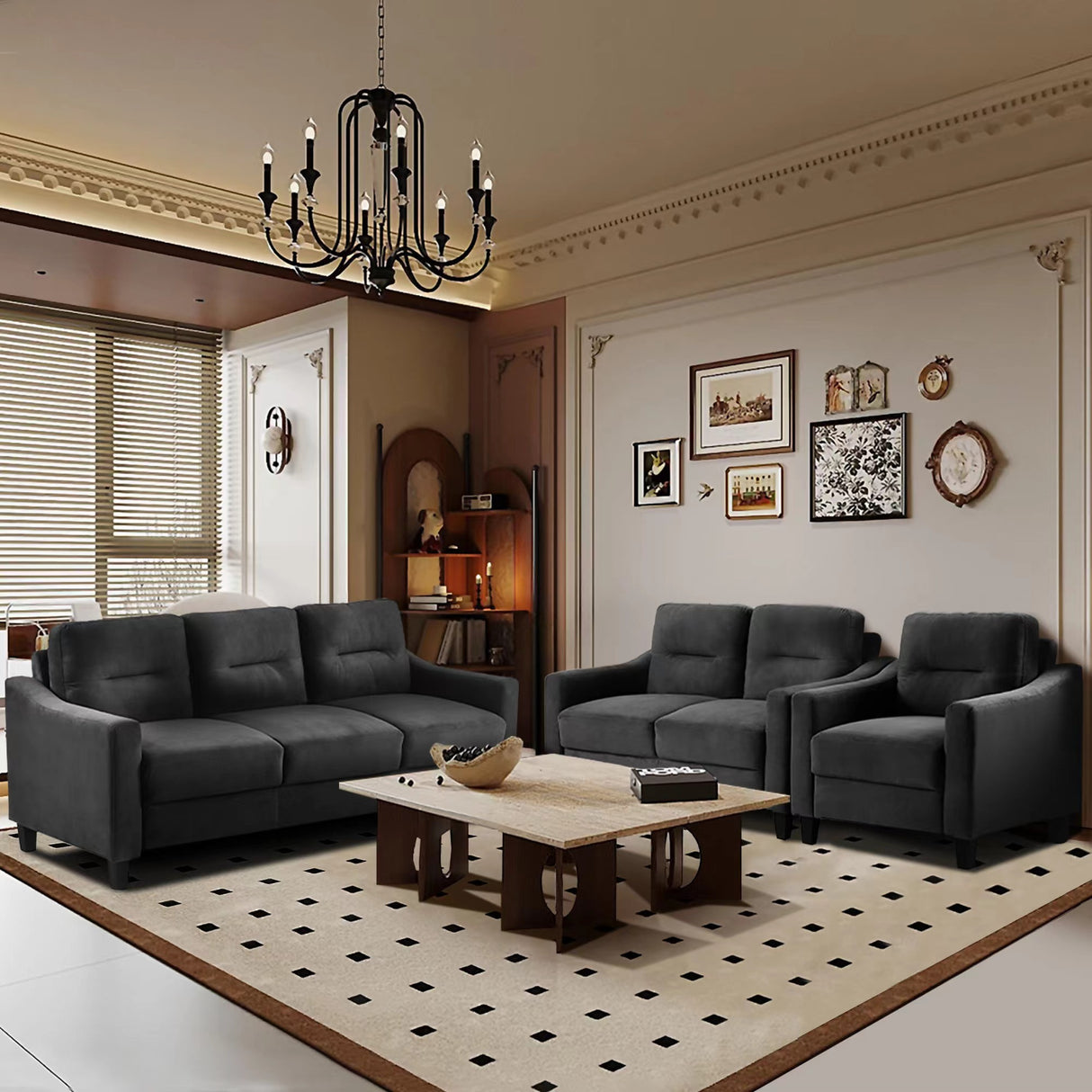 living Room Set With Sofa, Love seat and Accent Chair - Black