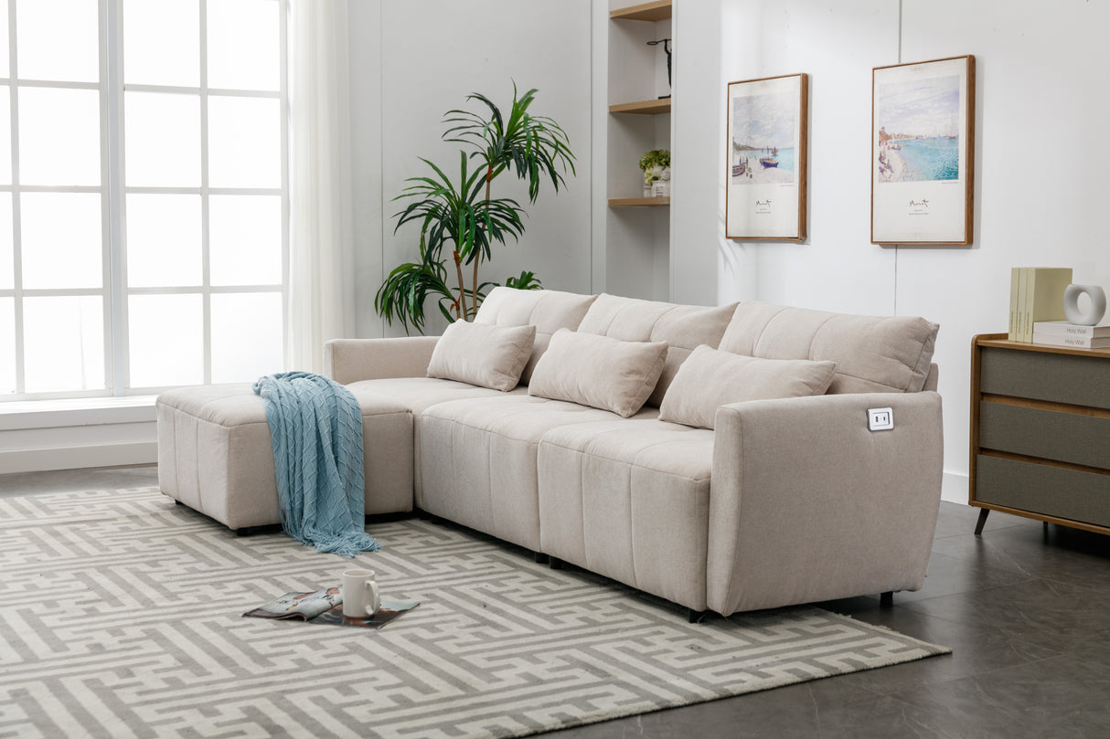 113.3" Modular Sectional Sofa with Ottoman and USB and USB-C Ports - Beige