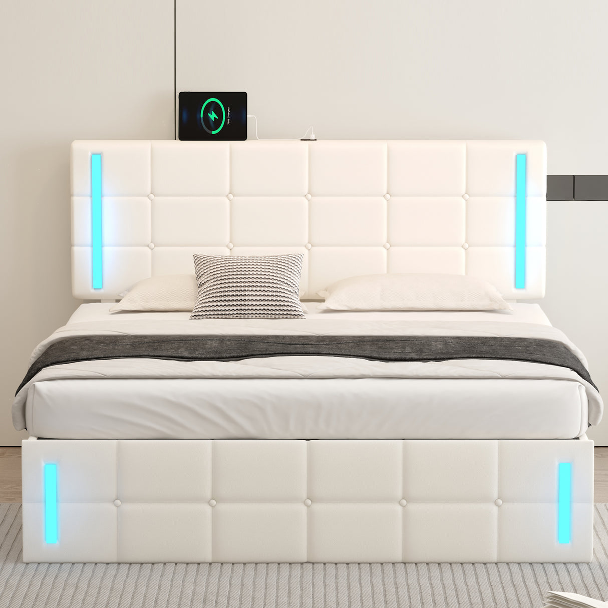 Queen Size Upholstered Bed with LED Lights, Hydraulic Storage System and USB Charging Station,White