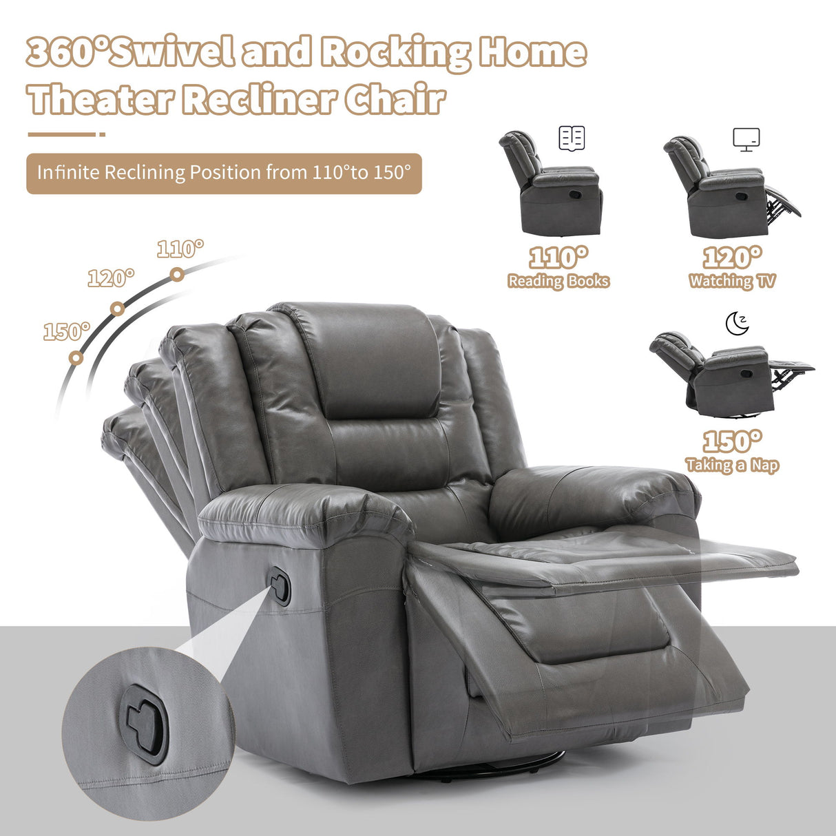 360° Swivel And Rocking Home Theater Recliner Manual Recliner Chair With Wide Armrest For Living Room