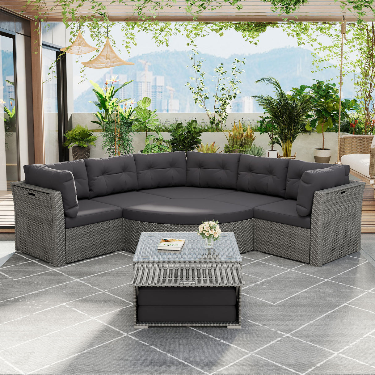 Outdoor Rattan Daybed Sectional With Cushions And Center Table - Gray