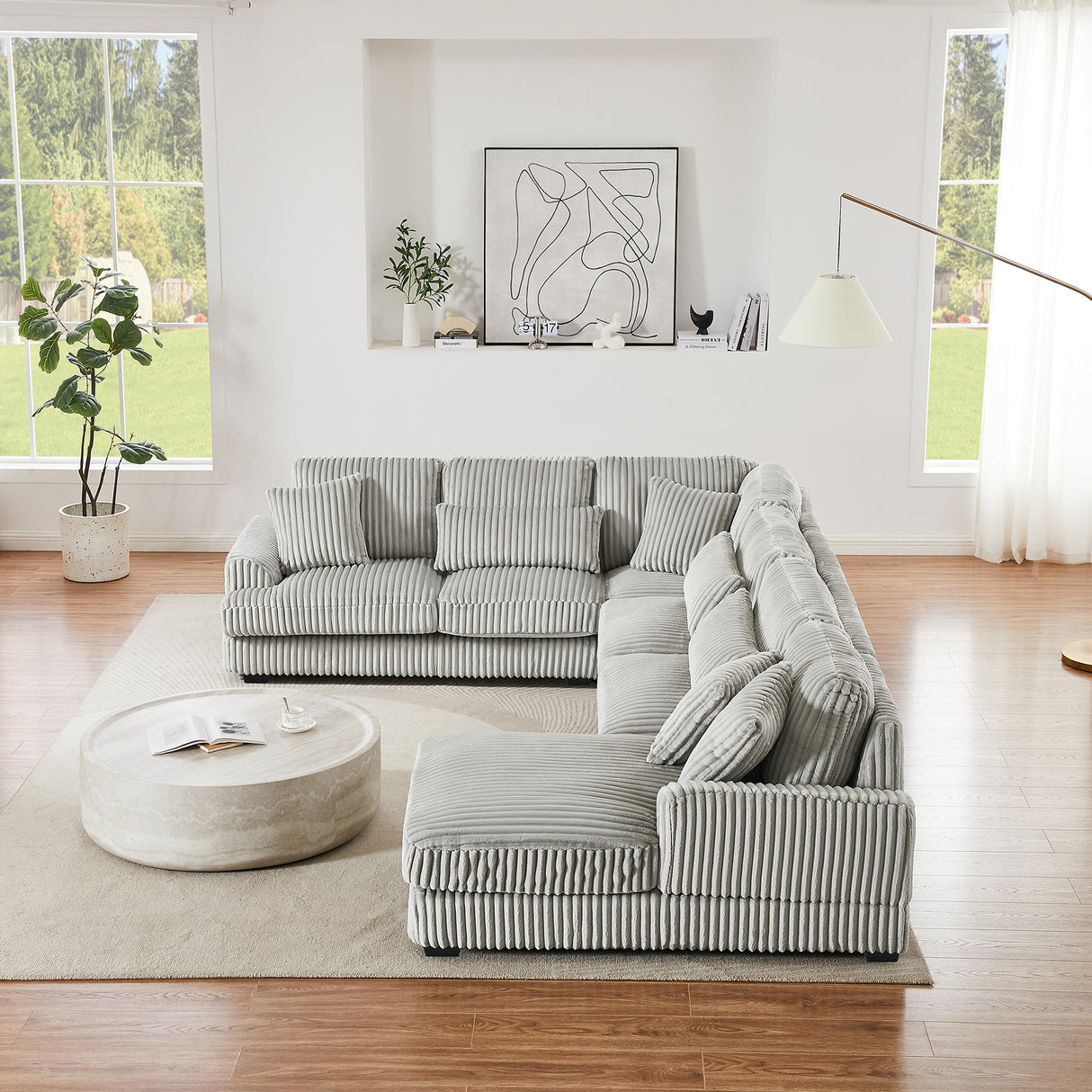 129" Oversized U-shaped Sofa Sectional in Soft Corduroy with a Chaise Lounge , Grey