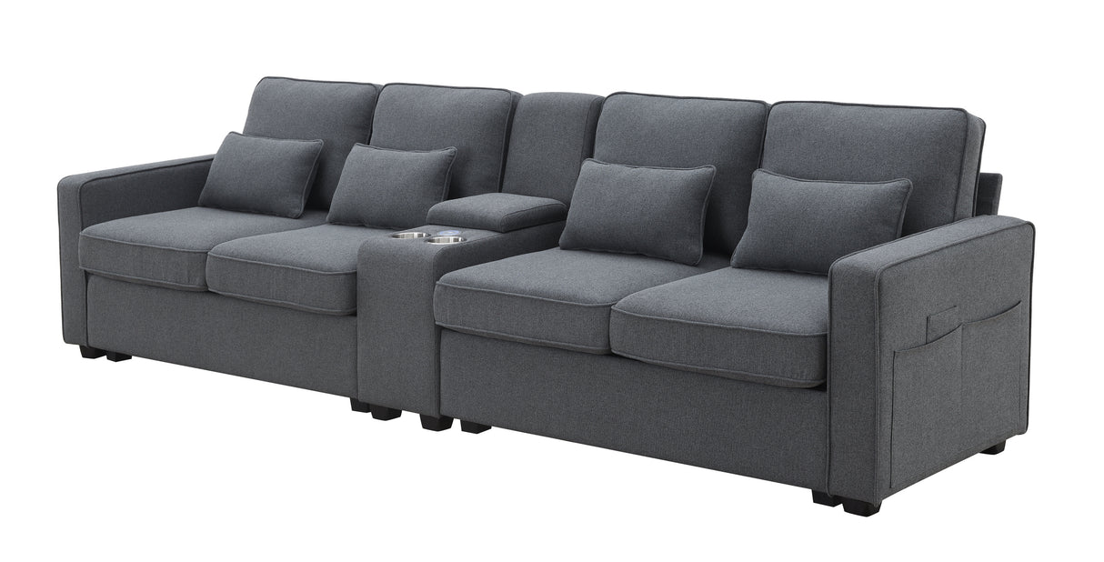 114.2" Upholstered Sofa with Console, 2 Cupholders, 2 USB Ports for Wired or Wireless Charge with 4 Pillows - Charcoal Gray