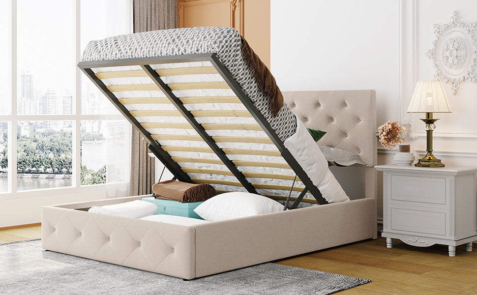 Full size Upholstered Platform bed with a Hydraulic Storage System - Beige