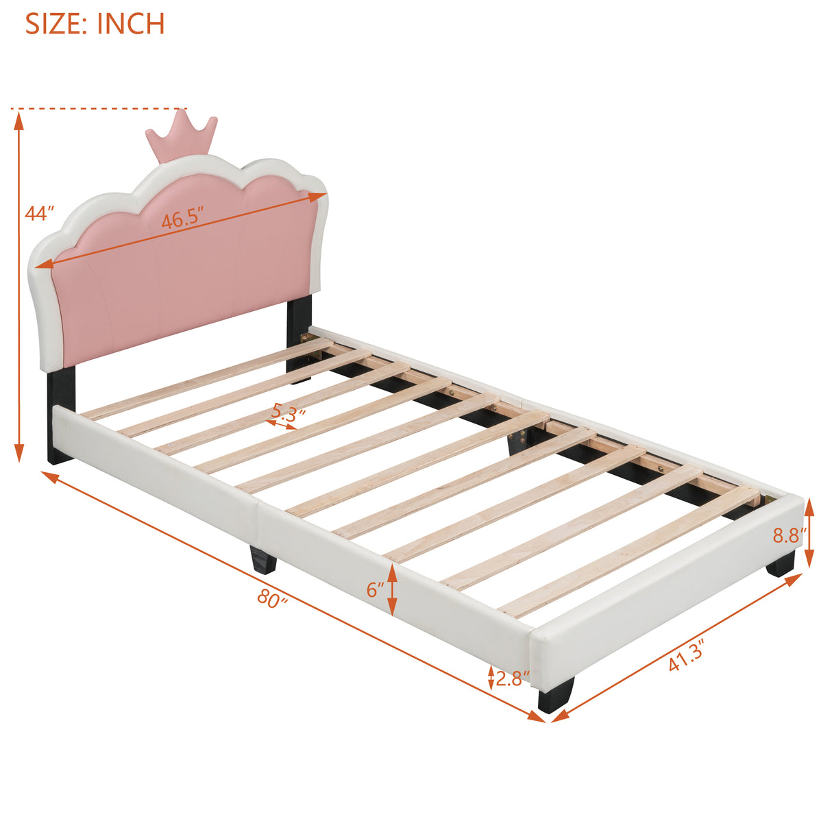 Twin size Upholstered Princess Bed With Crown Headboard, White+Pink