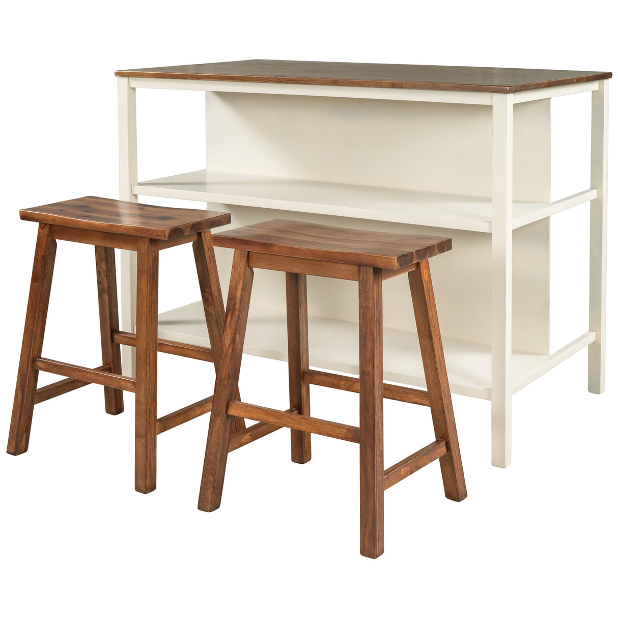 Rustic 3-piece 45" Stationary Kitchen Island Set with 2 Stools and 2 Open Shelves - Walnut + Off White