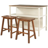 Rustic 3-piece 45" Stationary Kitchen Island Set with 2 Stools and 2 Open Shelves - Walnut + Off White