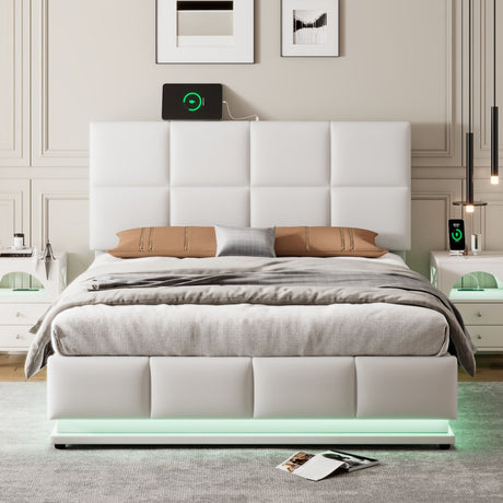 Full Size Tufted Upholstered Platform Bed with Hydraulic Storage System  with LED Lights and USB charger - White