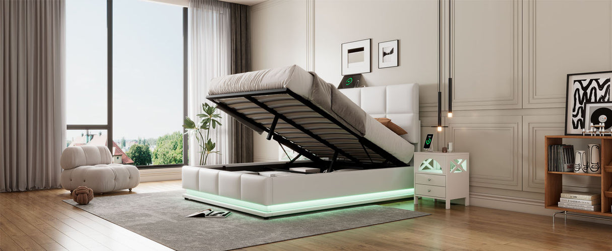 Full Size Tufted Upholstered Platform Bed with Hydraulic Storage System  with LED Lights and USB charger - White