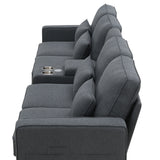 114.2" Upholstered Sofa with Console, 2 Cupholders, 2 USB Ports for Wired or Wireless Charge with 4 Pillows - Charcoal Gray