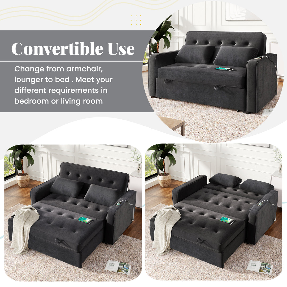 66.5" Upholstered Loveseat With Pull Out Bed, Two Throw Pillows, Dual USB Charging Port and Adjustable Backrest - Black