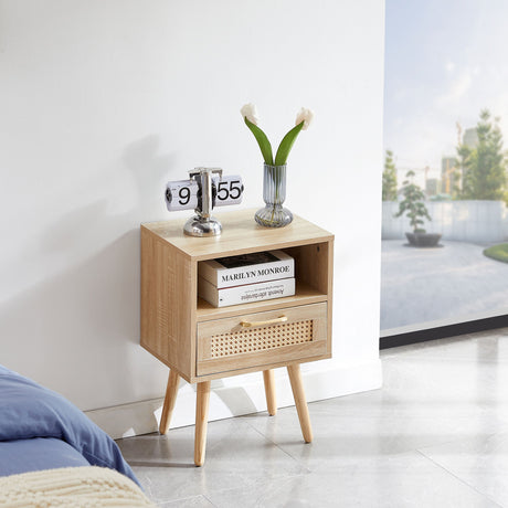 15.75" Rattan End Table With Drawer And Solid Wood Legs, Modern Nightstand, Side Table For Living Room, Bedroom