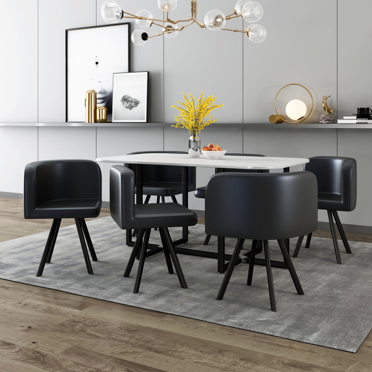 Modern 7 Piece Dining Table with 6 Chairs - Black