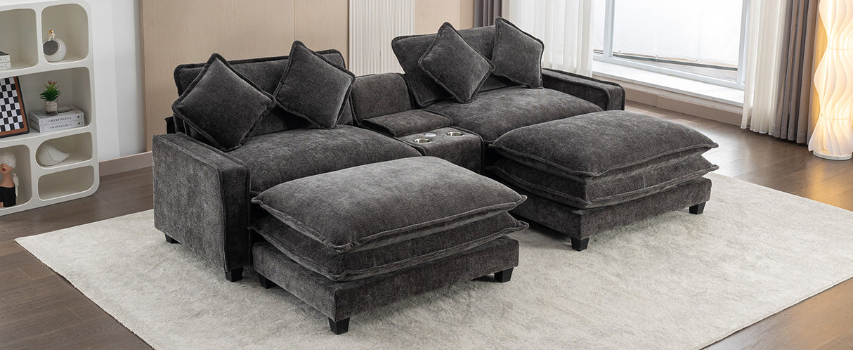 112.6" Chenille Upholstered Sofa with Two Ottomans, Two USB Ports, Two Cup Holders and Large Storage Box -Dark Gray