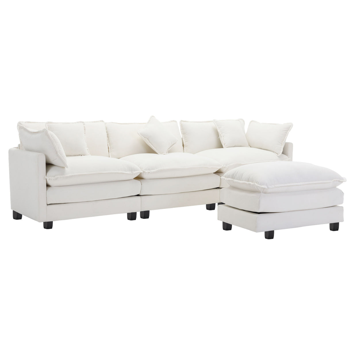 112.2" Chenille Upholstered Sofa with Ottoman and 5 Pillows - Off White