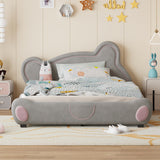 Queen Size Velvet Platform Bed with Bear-Shaped Headboard and  Storage Pocket, Gray