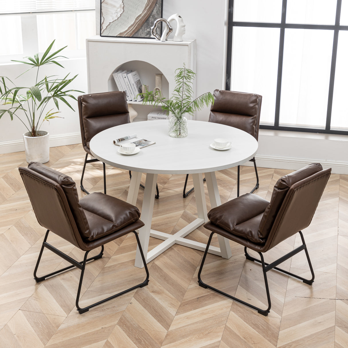 Innes 5-Piece Round Dining Set with 4 Stylish Chairs, Antique Brown/White