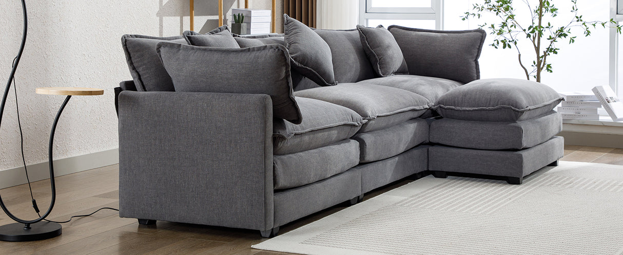 112.2" Chenille Upholstered Sofa with Ottoman and 5 Pillows - Gray