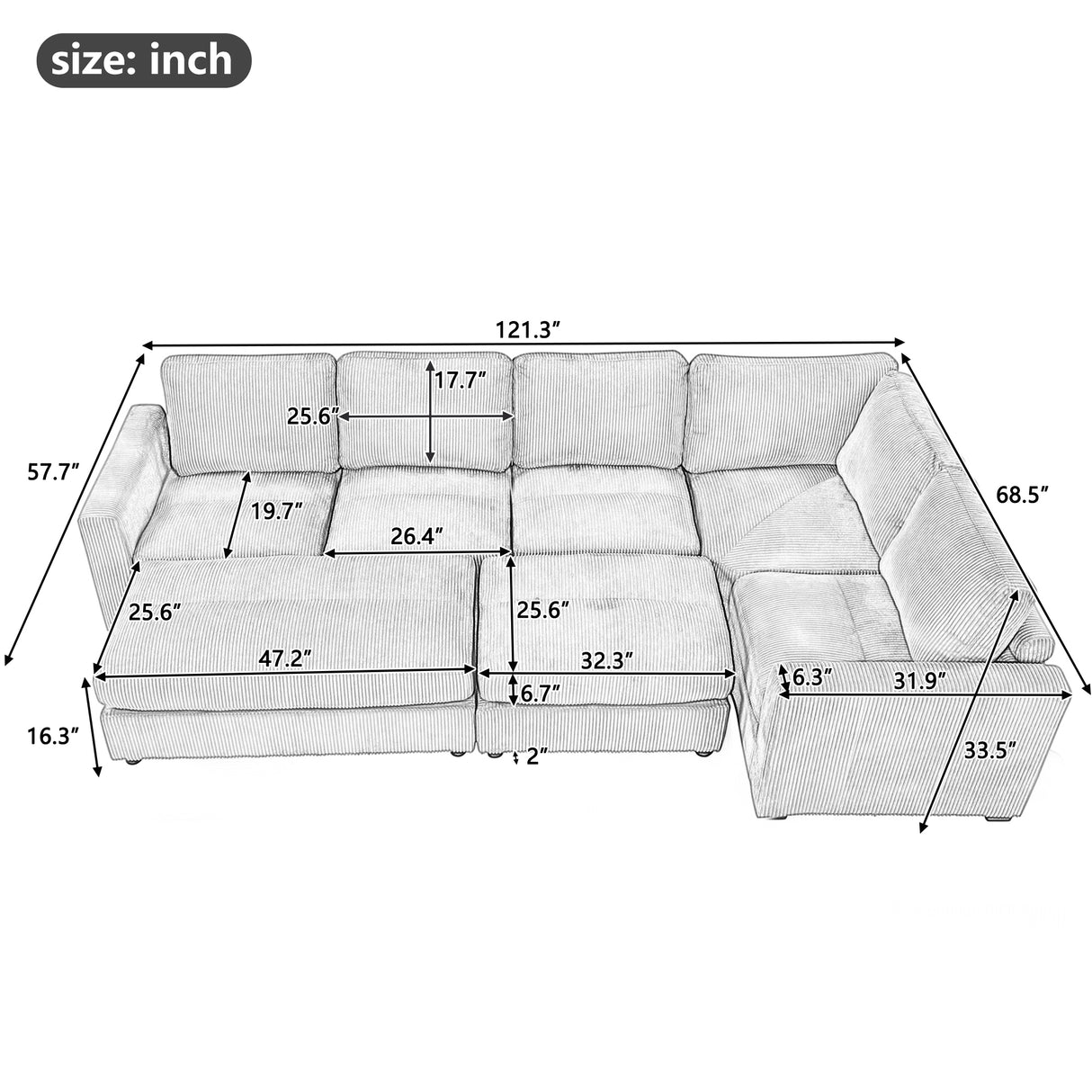 121.3" Modular Sectional Sofa with Two Movable Ottomans, Gray