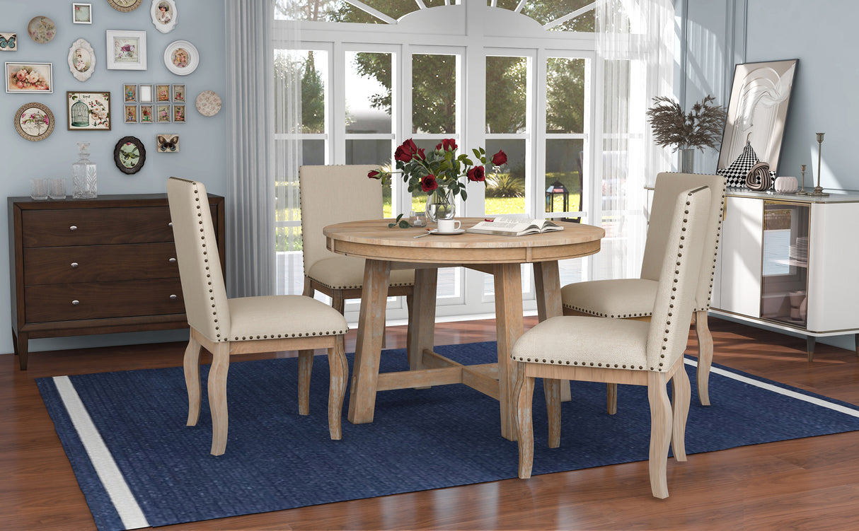 5-Piece Farmhouse Dining Table Room Set With Round Extendable Table and 4 Upholstered Dining Chairs (Natural Wood Wash)