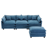 112.2" Chenille Upholstered Sofa with Ottoman and 5 Pillows - Blue