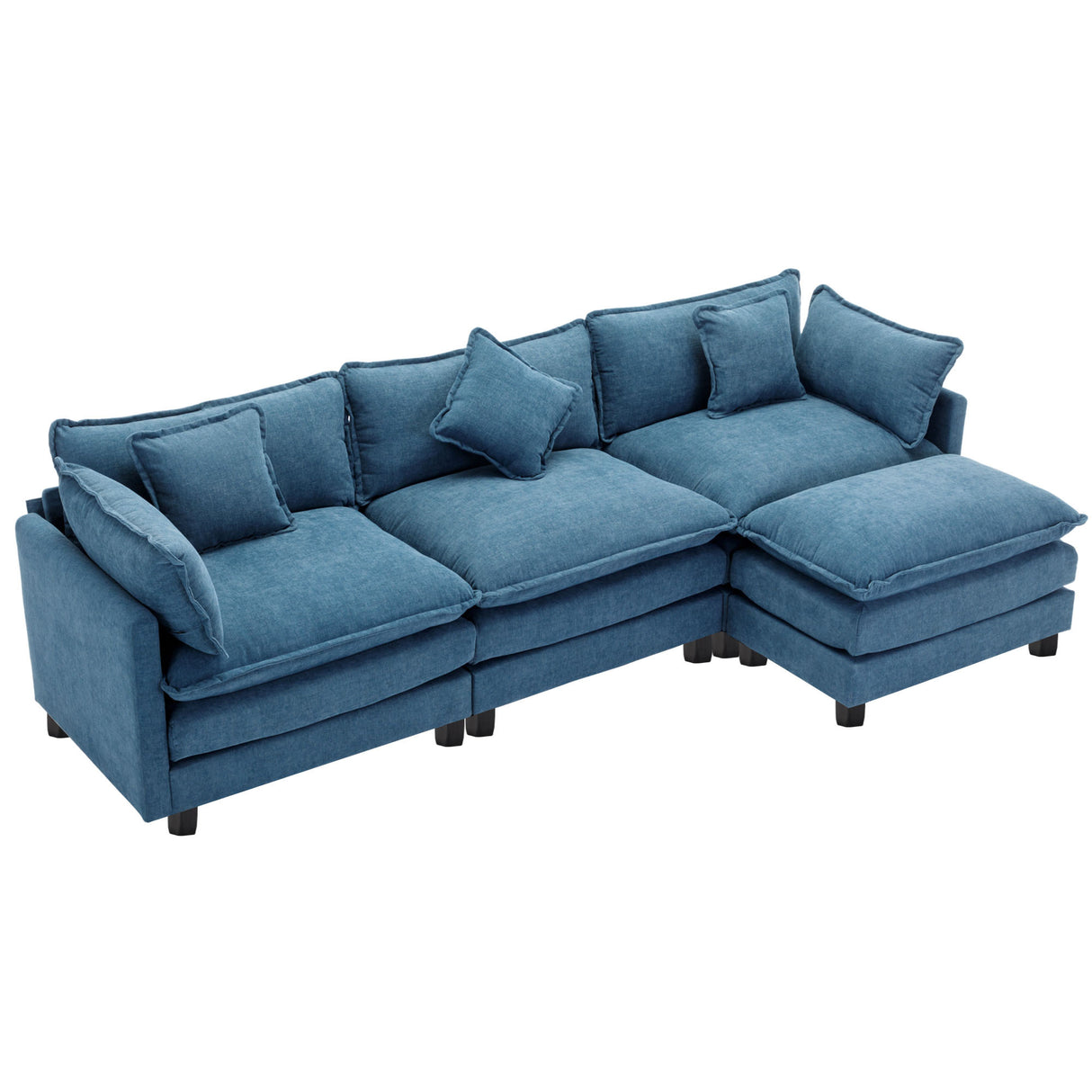 112.2" Chenille Upholstered Sofa with Ottoman and 5 Pillows - Blue