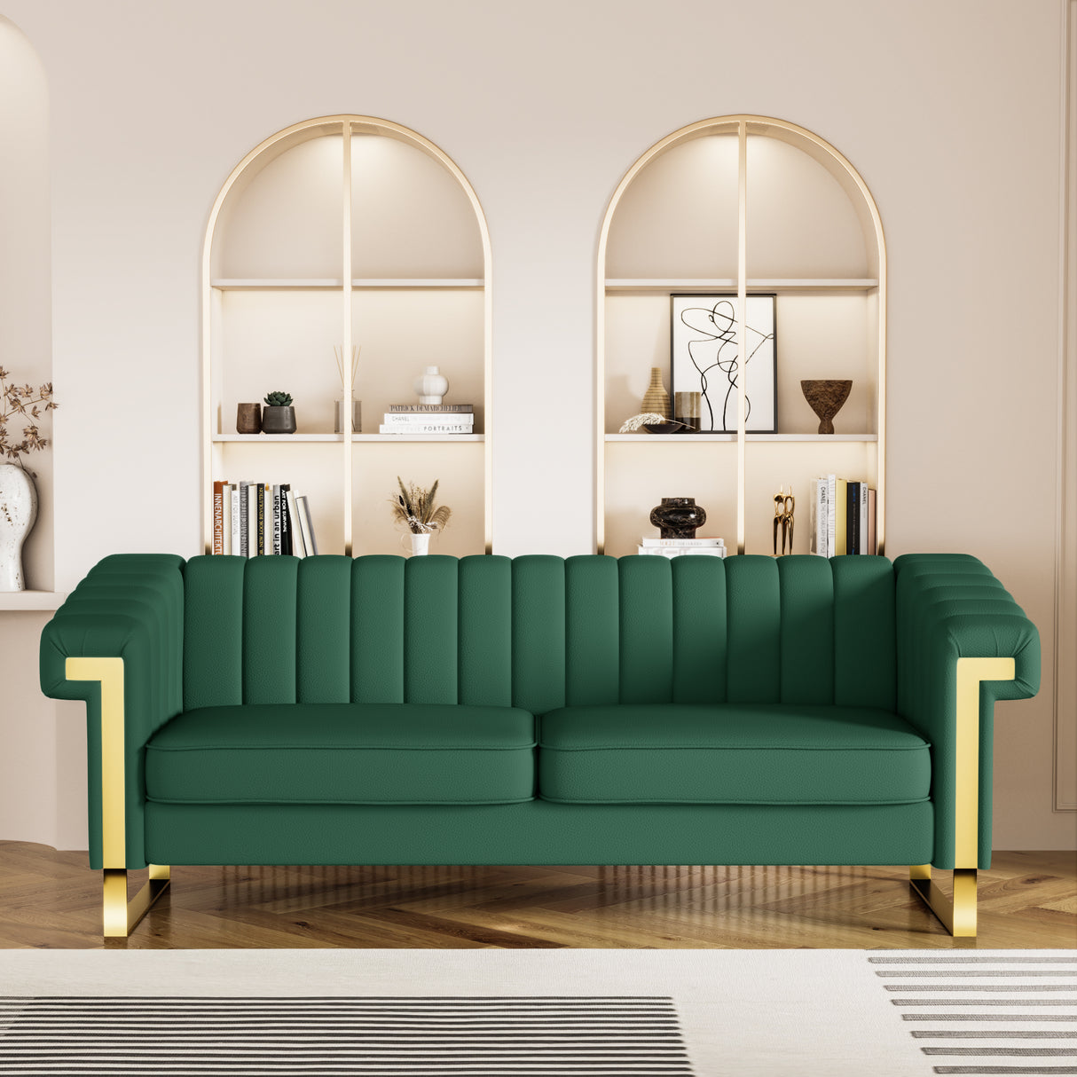 Modern PU Leather Sofa with Gold Accents - Green