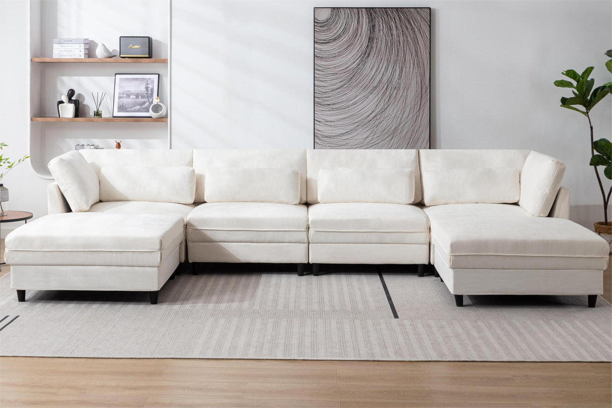 Oversized Modular Fabric Sofa with Pillows and 2 Ottomans - Beige