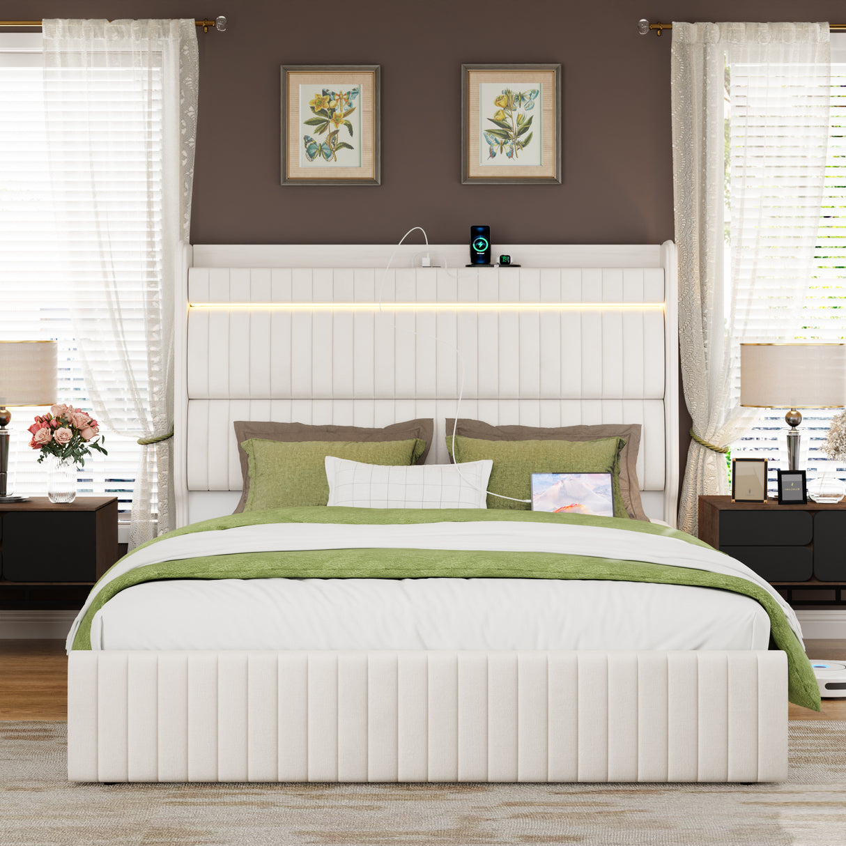 Upholstered Queen Bed with Storage Headboard, 4 Drawers, LED Lights & Charging Station - Beige