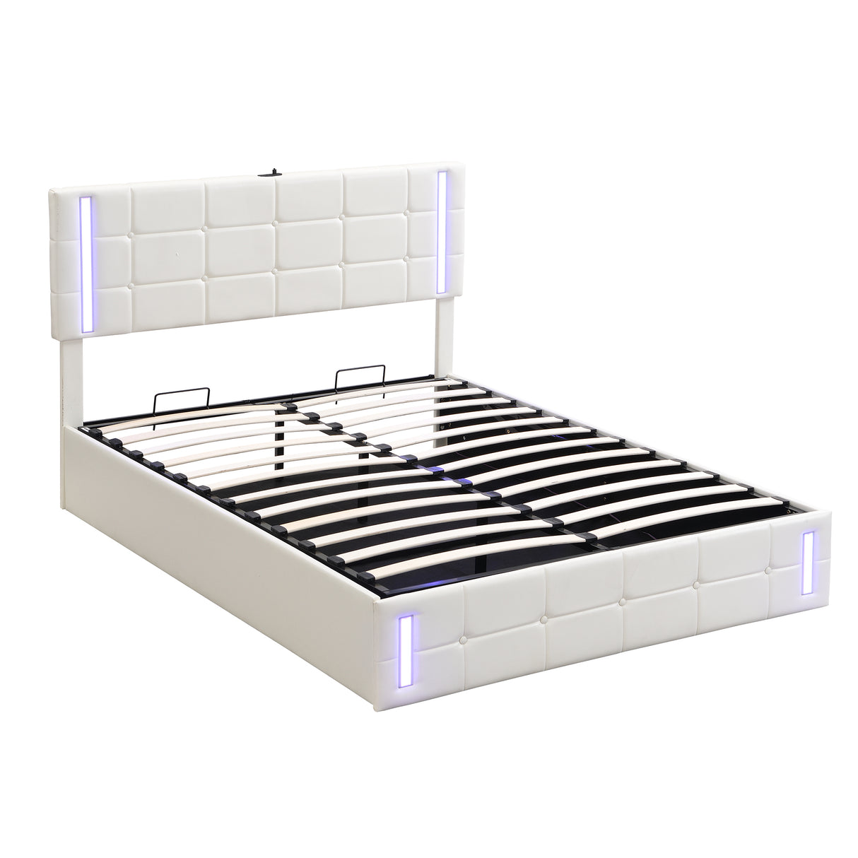 Queen Size Upholstered Bed with LED Lights, Hydraulic Storage System and USB Charging Station,White