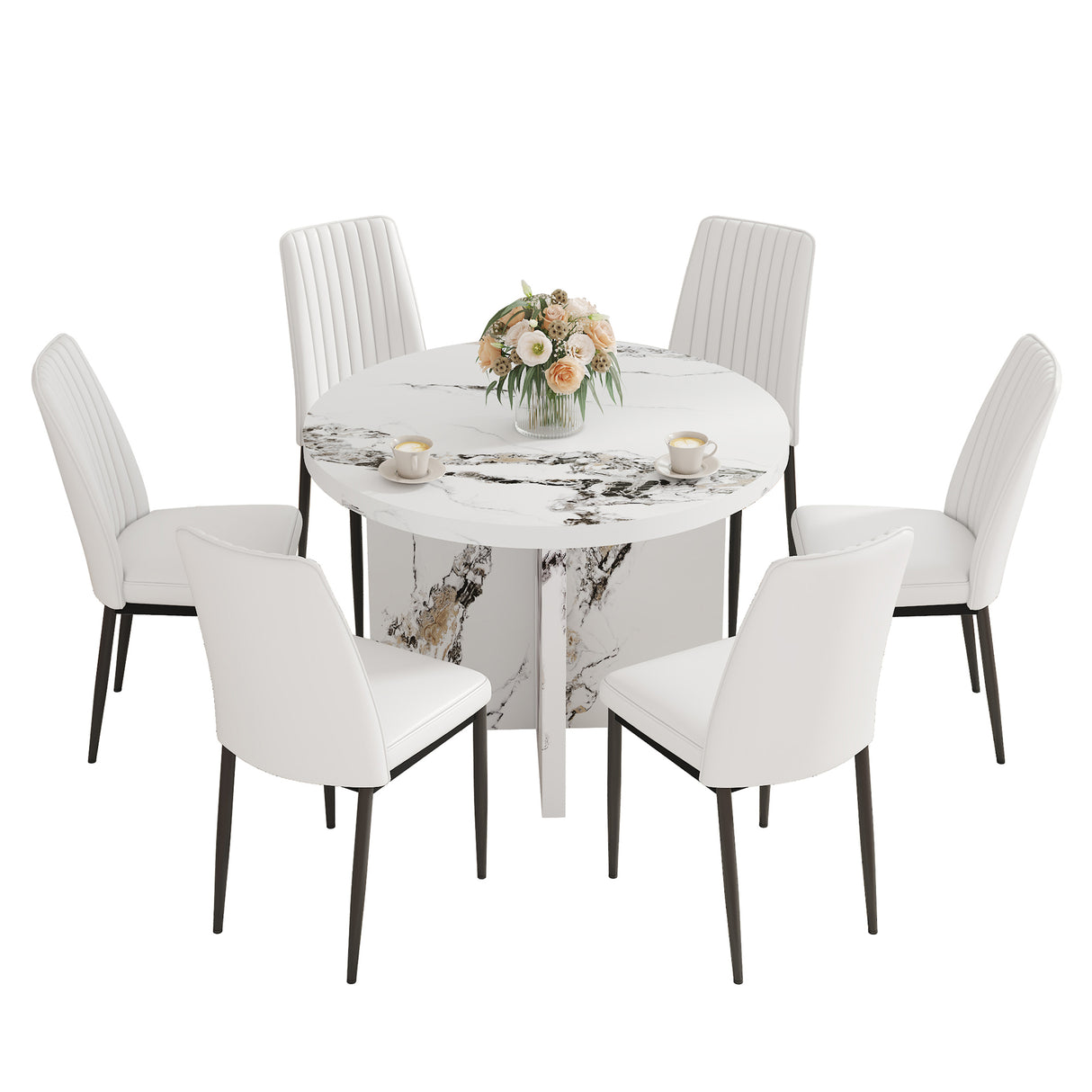 7 Piece Round Dining Table Set with 6 Upholstered Chairs - White