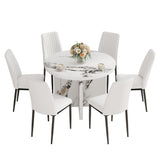 7 Piece Round Dining Table Set with 6 Upholstered Chairs - White