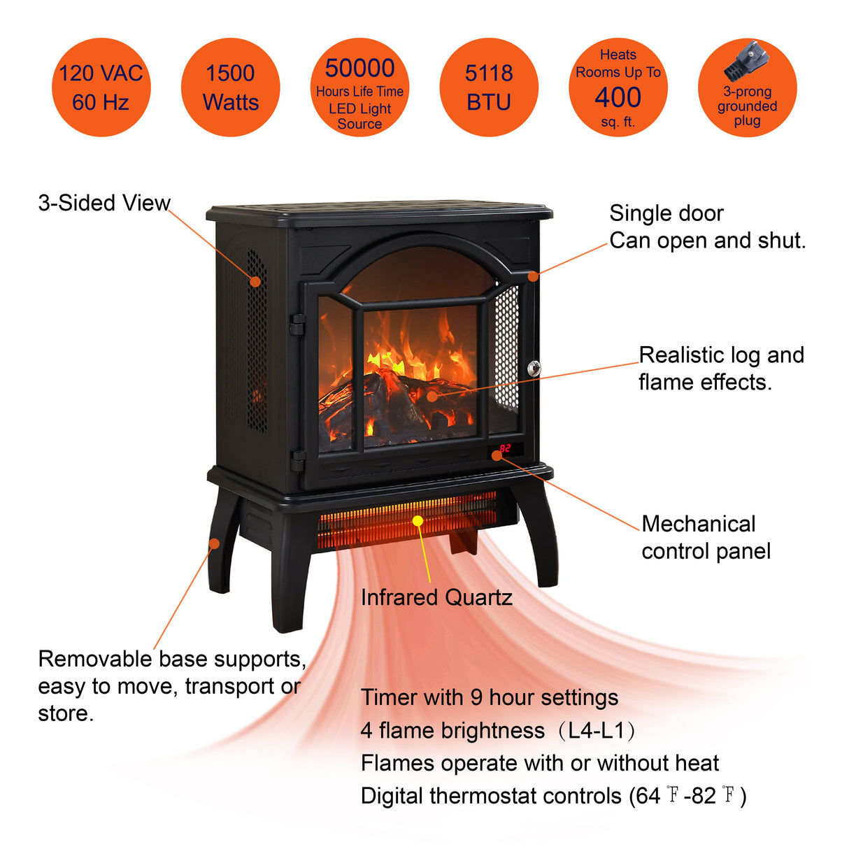 3D Flame Electric Infrared Quartz Fireplace Stove With Remote Control