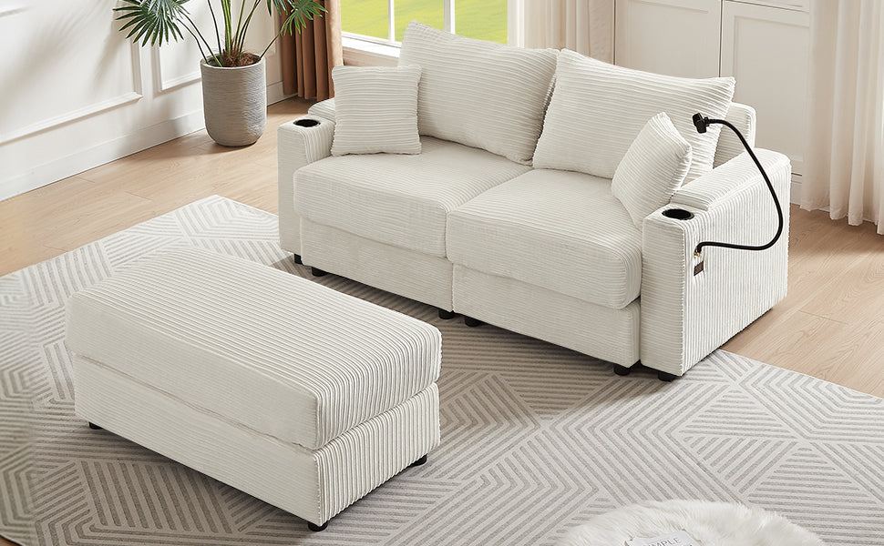 72.8" Modern Style Loveseat with Storage Space, Movable Ottoman, Two USB Ports, Two Cup Holders and Phone Holder - Beige