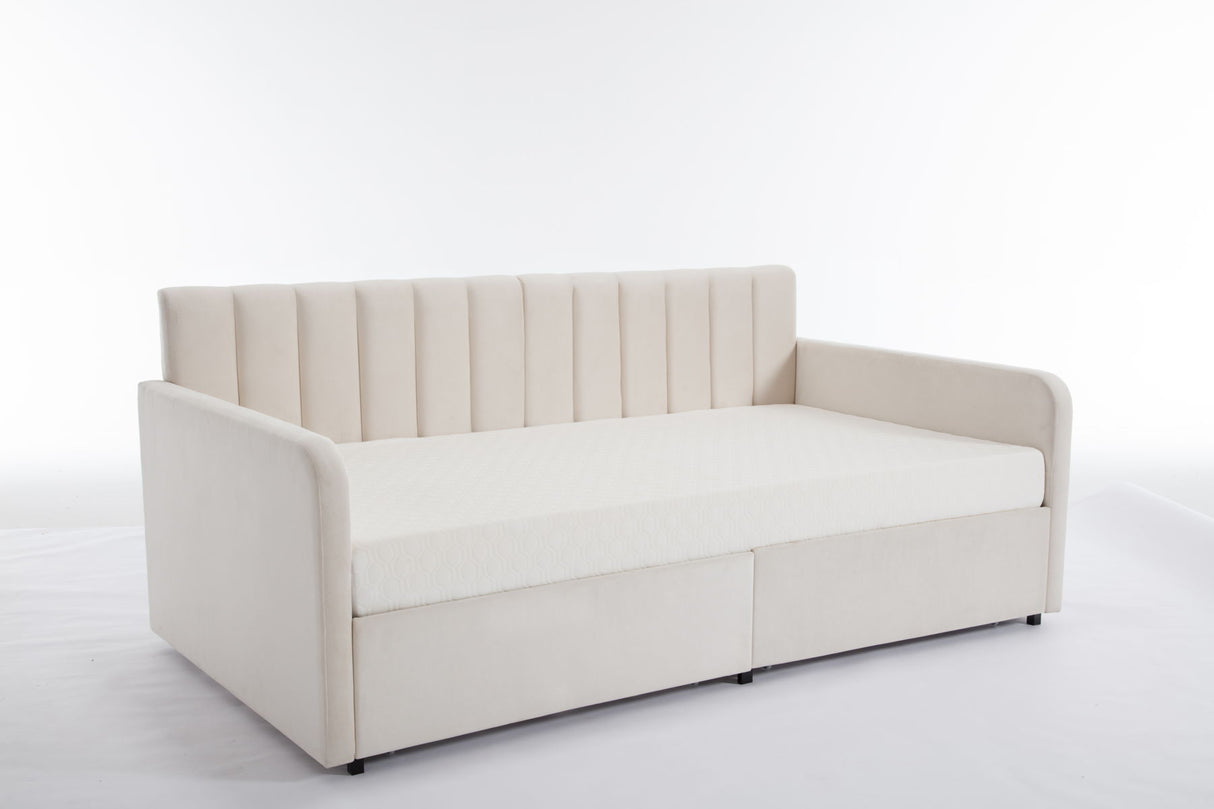 Flora - Upholstered Daybed With 2 Drawers Ribbed Tufted Backrest in Lavish Modern Design