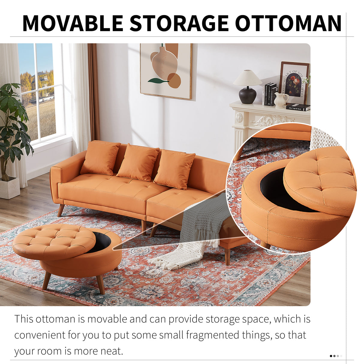 107" Contemporary Sofa with a Round Storage Ottoman and Three Removable Pillows - Orange