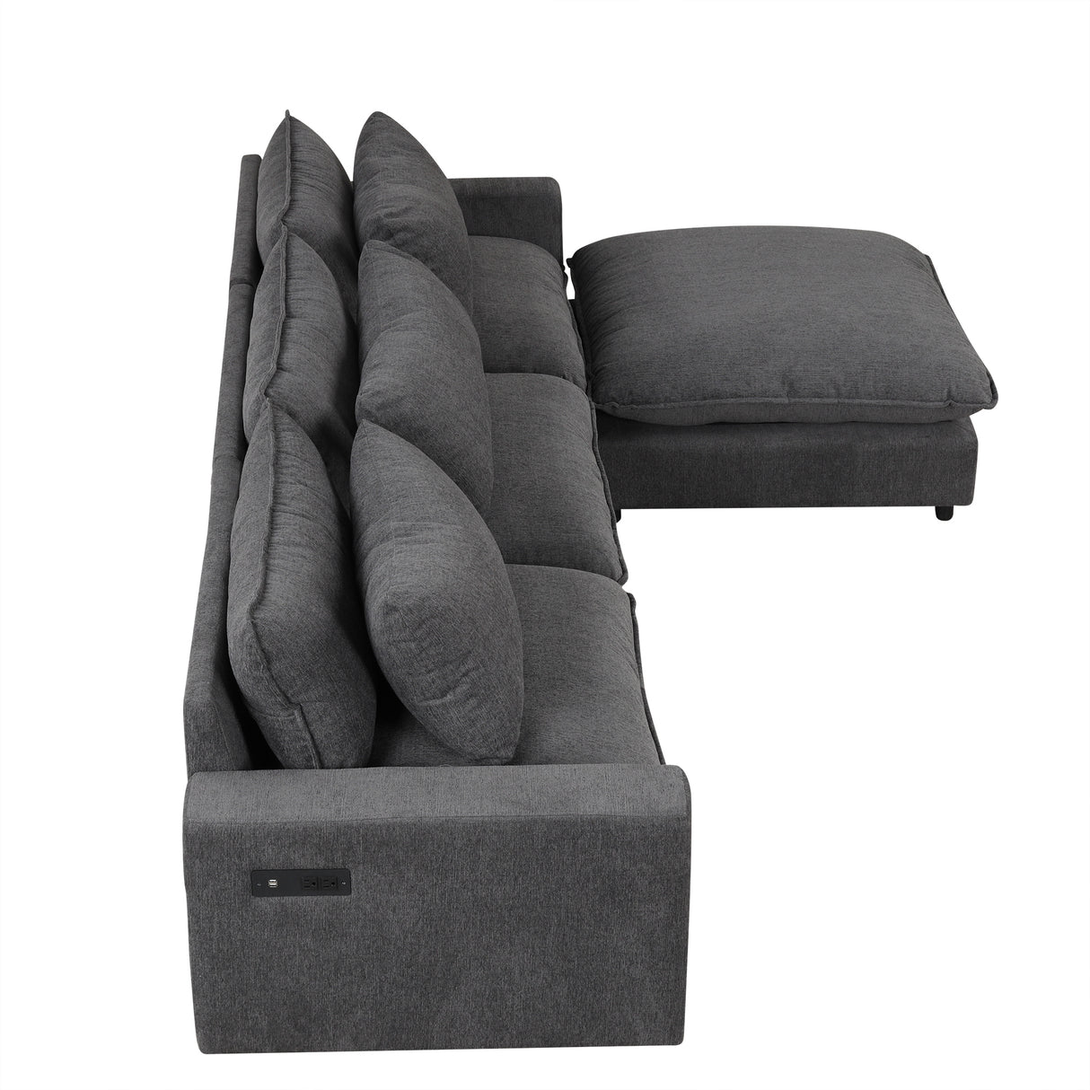 128" Chenille Cloud Sofa with Ottoman, Charging Ports and Three Back Pillows - Grey