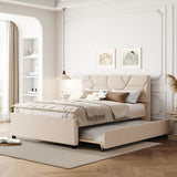 Upholstered Platform Bed With Brick Pattern Headboard And Twin Size Trundle, Linen