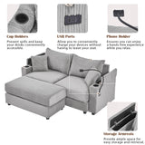 72.8" Modern Style Loveseat with Storage Space, Movable Ottoman, Two USB Ports, Two Cup Holders and Phone Holder - Gray